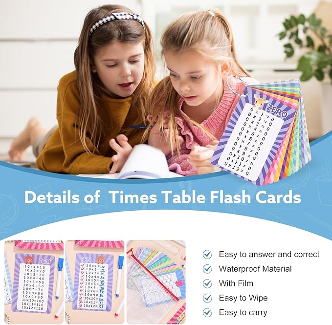 31 Pcs Multiplication Flash Cards Times Table Flash Cards, Math Problems from Easy to Hard, Multiplication Chart with 2 Dry Erase Markers 3 Rings Math Flashcards for 1st to 3rd Grades