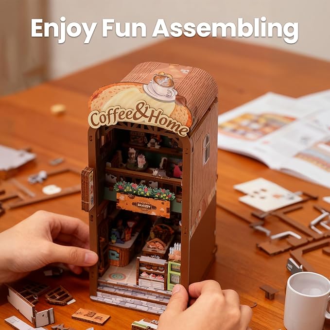 Book Nook Kit - DIY Miniature House Kit for Adults, Dollhouse Booknook Tiny House Bookshelf Decor 3D Wooden Puzzle Street Model, Ideal Gift for Book Lovers, Family, Friends (Coffee & Home)