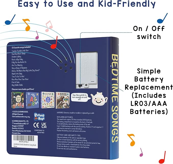 LEARNING BUGS Bedtime Songs – 13 Timeless Lullabies for Little Ones, Musical Books for Toddlers, 28-Button Music Book, Musical Toys for Toddlers 1-3
