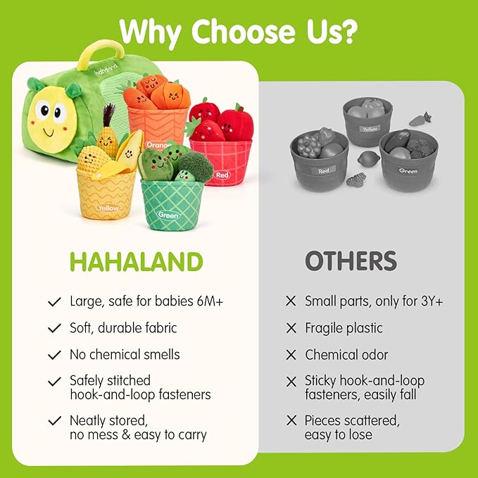 hahaland Montessori Toys for 1 Year Old - Color Sorting Fruits & Veggies Sensory Baby Toys 6-12 Months, 17 PCS Plush Play Food with Caterpillar Storage Bag, Baby Stocking Stuffers First Learning Gifts