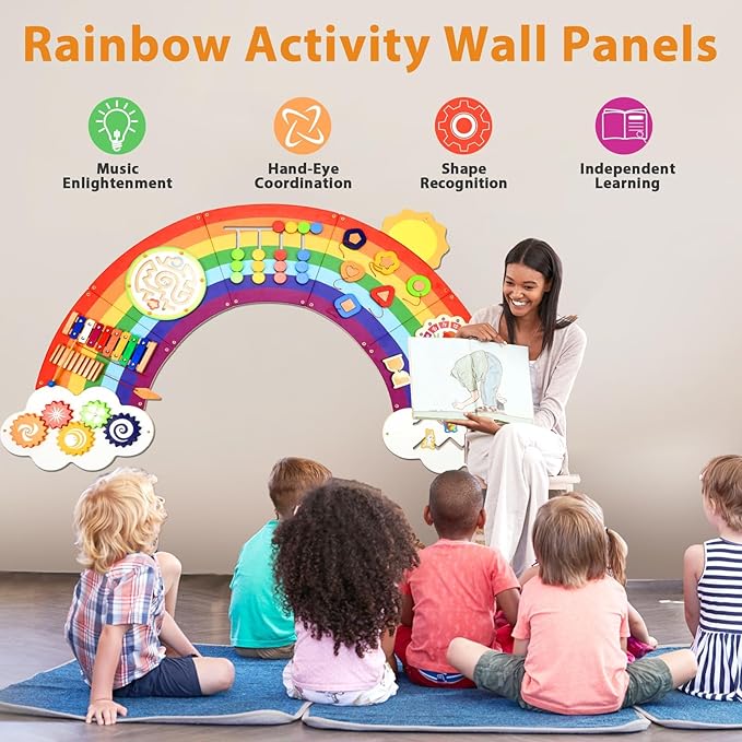 5FT Large Sunshine Rainbow Wooden Activity Wall Panel Christmas Gift Educational Montessori Toy for Toddler Kids Interactive Sensory Activity Busy Board Daycare Learning Center Toddler Room Decor