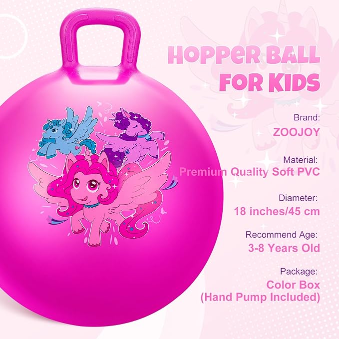 ZOOJOY Hopper Ball, 18 Inch Bouncy Ball with Handle for Kids Aged 3-8, Inflatable Unicorn Hippity Hop for Boys Girls, Pink Hopping Toys with Pump