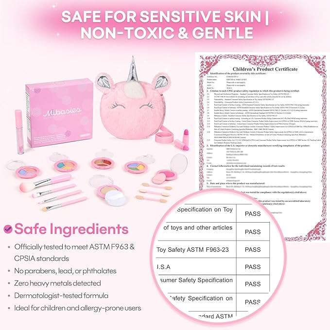 Kids Real Makeup Kit for Girls 3-10 Years Old : Washable Non Toxic Make Up Toys Sets for Toddler - 17Pcs Vanity Set with Unicorn Purse for Little Girl Ages 3 4 5 6 7 8 Birthday Gifts -Pink