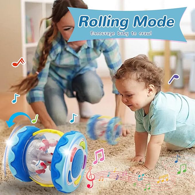 Baby Girl Toys Hand Drum Baby Rotating Musical Light Up Sensory Activity Crawling Toys 2 3+ Year Old Infant Girls Toy Gifts (Blue)