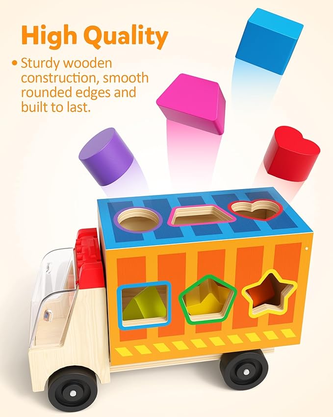 Coogam Shape Sorting Montessori Toys for Toddles, Wooden Color Shape Sorter Truck Toy with 2 Play Figures - Fine Motor Educational Learning Gift Toy for Kids 2 3 4 Year Old