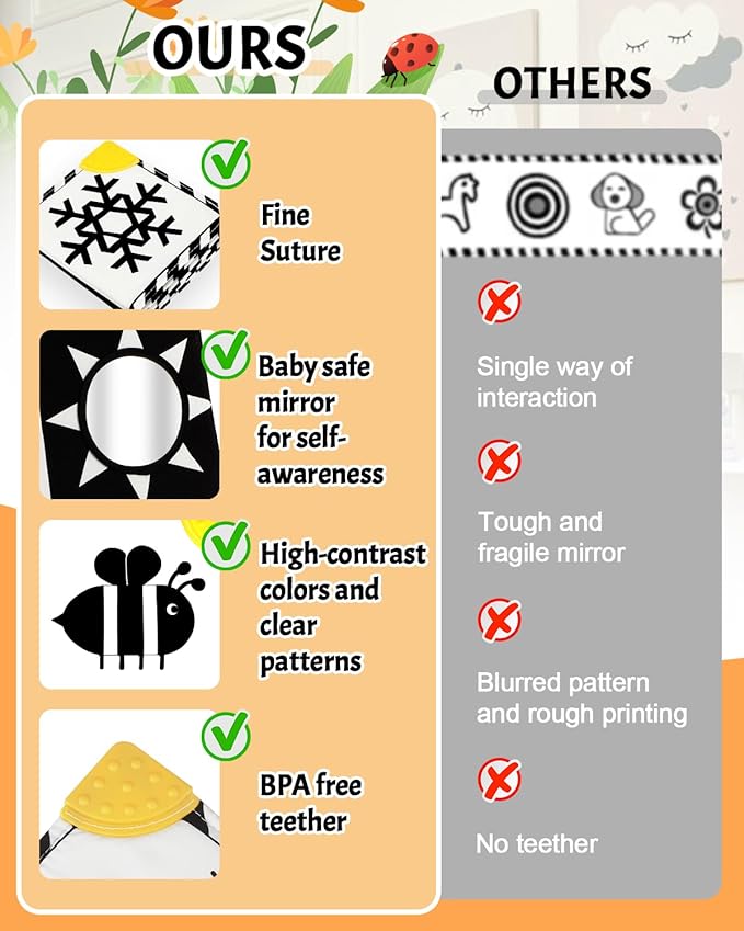 High Contrast Baby Toys, Black and White Newborn Toys for Brain Development, Soft Baby Books, Infant Sensory 0-6-12 Months, Tummy Time Toy, Visual Stimulation Montessori Gift