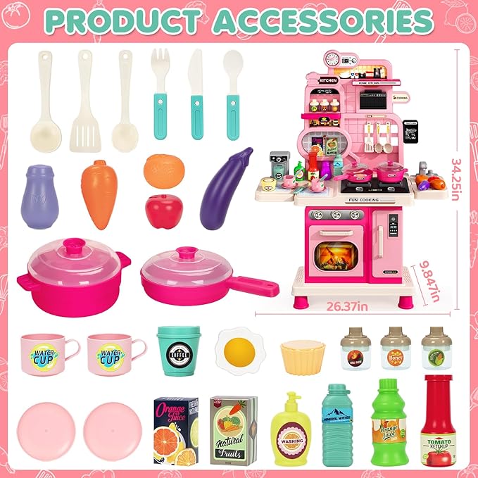 Kids Play Kitchen Set, Toddler Kitchen Playset with Light & Sound, Cooking Stove, Play Sink, Coffee Maker, Play Food Toy and Kitchen Accessories, Kitchen Toy for Kids Girls Boys - Pink