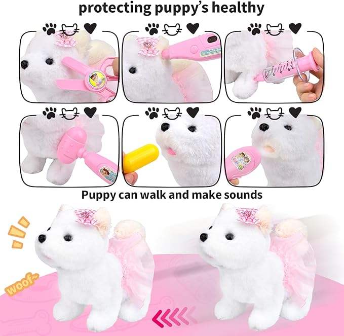 Kids Pet Doctor Kit for Toddlers, 21PCS Kids Doctor Playset with Plush Dog, Medical Toys, Stethoscope, Dress Up Costume, Carrying Bag,Christmas Birthday Gifts for Ages 3 4 5 6 7 8 Year Old Girls