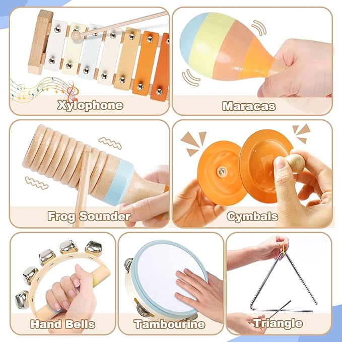 Baby Musical Instruments-Wooden Montessori Musical Toys for Toddlers 1-3, INLAIER Neutral Colors Xylophone Tambourine Musical Instruments for Toddlers 1-3 4 5 Kids Preschool Educational Gifts