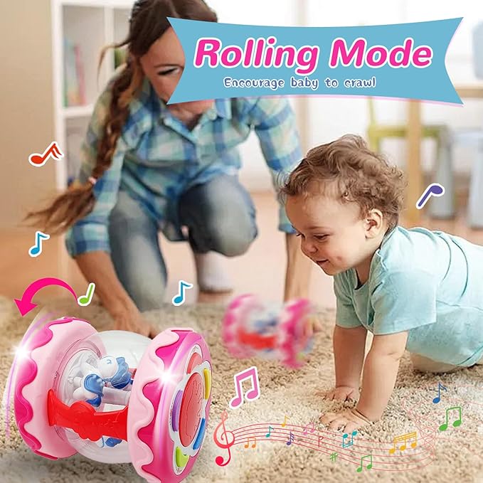 Baby Girl Toys 18+ Months Hand Drum Rotating Musical Light Up Sensory Activity Crawling Toys 2 3+ Year Old Infant Girls Baby Gifts (Pink)