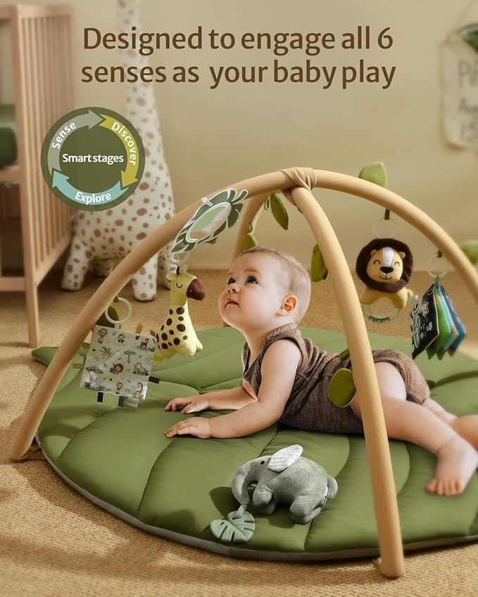 Blissful Diary Baby Play Gym & Activity Mat, Oversize Leaf Shaped Baby Play Mat w 6 Detachable Toys, Tummy Time Mat Promote Motor Skills & Sensory Development Mat, Newborn Infant Baby Essentials Gift