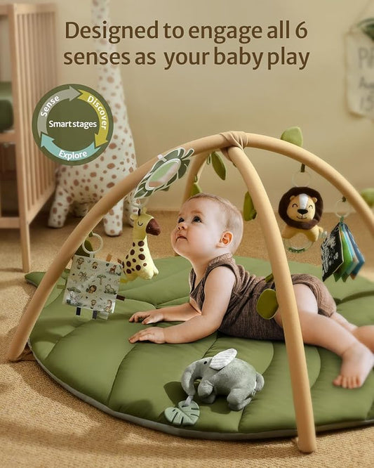 Blissful Diary Baby Play Gym & Activity Mat, Oversize Leaf Shaped Baby Play Mat w 6 Detachable Toys, Tummy Time Mat Promote Motor Skills & Sensory Development Mat, Newborn Infant Baby Essentials Gift