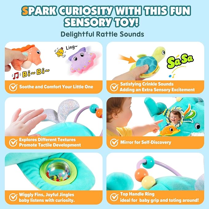 FREYBLI Baby Toys 6-12 Months - Soft Ocean Adventure Toy with Rattle, Crinkle Paper, Squeaker, Mirror - Baby Sensory Montessori Toys for 6 Month Old Developmental, 1 Year Old Boy Girl Gifts Toys