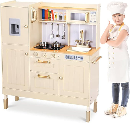 Wooden Play Kitchen for Kids, Toddler Vintage Kitchen Toy Set w/Pretend Phone, Ice Maker, Towel Rack, Height Adjustable Realistic Playset Chef w/Light & Sound (Beige)