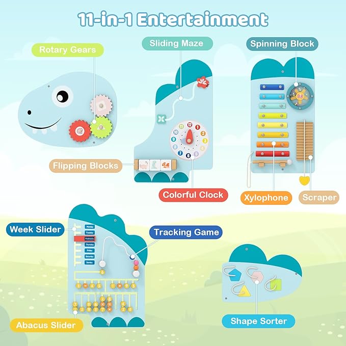 GLACER Dinosaur Wall Busy Board Panels, 11-in-1 Wooden Learning Activity Center for Early Education, Wall-Mounted Montessori Sensory Toddler Toys for Playroom, Daycare, Nursery (Blue)