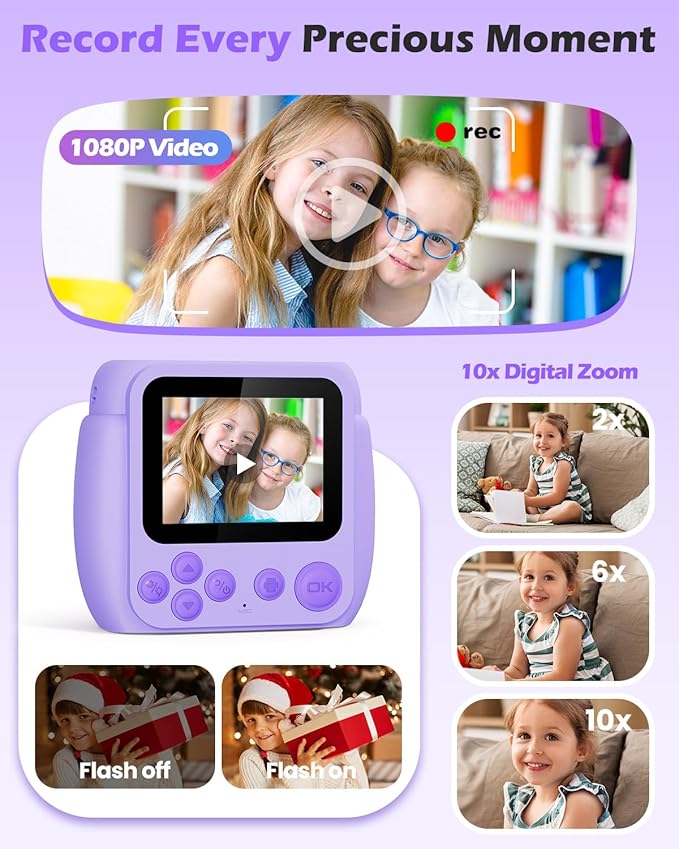 Kids Camera Instant Print - Christmas Birthday Gifts for Girls Boys Age 3-12, 1080P Video Digital Camera with 3 Rolls Printing Paper, Toddler Travel Toy Camera for 4 5 6 7 8 9 10 11 Year Old - Purple