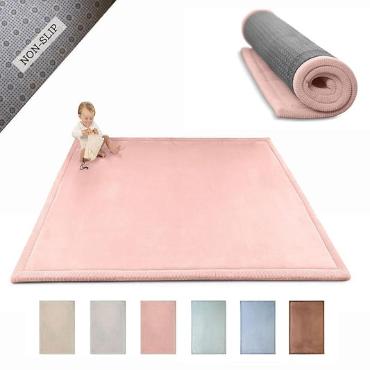 Stylish Coral Velvet Baby Play Mat 60" x 80" Pink – Soft 1" Thick High-Density Memory Foam Nursery Rug – Playmat for Floor with Non-Slip Backing for Crawling & Playing – Non-Toxic, odorless Area Rug