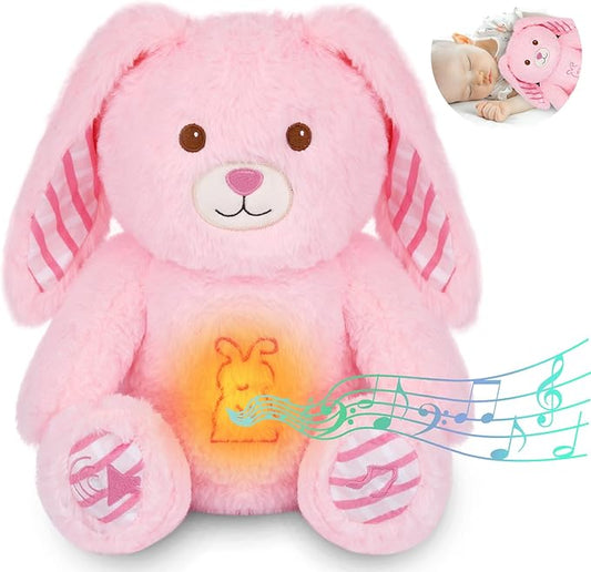 Breathing Stuffed Animal - 13" Pink Bunny Plush Baby Toy, Soothing Sound Machine with Music Lights & Breathing Motion for Kids Boys Girls