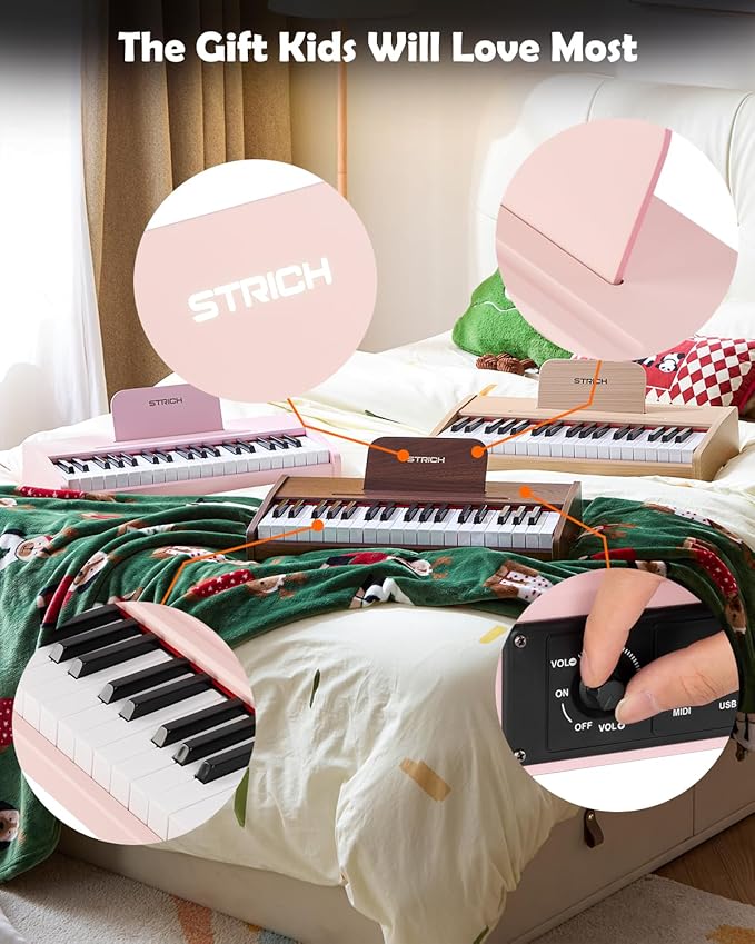 STRICH 37 Keys Kids Piano Keyboard, Mini Digital Piano for Kids, Volume Adjustable, Music Book, Wood Piano for 3+ Girls and Boys, Pink Color, SEK-37