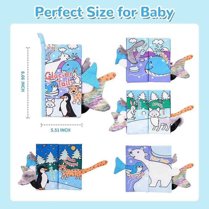 HECCEI Baby Cloth Books Soft Baby Book 0-6 Months Crinkle Books with Tail Touch and Feel Sensory Toys for Infant Tummy Time for 3 Months+, Glacier Tails