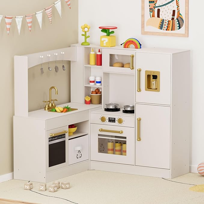 MAMIZO Corner Play Kitchen for Kids, Wooden Pretend Toy Kitchen, Large Toodler Cooking Playset w/Refrigerator, Stove w/Light & Sound, Disinfection Locker, Water Dispenser, Sink, Home Modern (Beige)