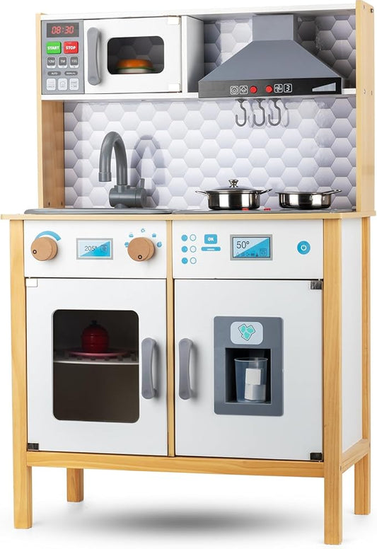 Play Kitchen for Kids Toddlers, Toy Kitchen Playset with Real Lights & Sounds, Wooden Play Kitchen with Cooking Set, Ice Maker, Microwave, Oven for Girls Boys Ages 3+
