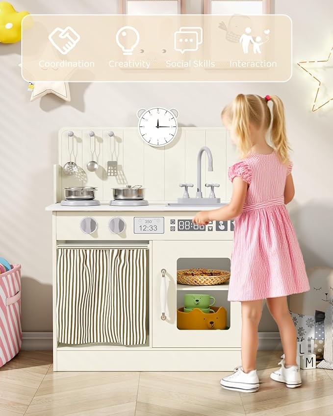 MAMIZO Play Kitchen for Toddlers, Wooden Kids Toy Kitchen Playset with Smart Storage, Ultimate Interactive, Simulated Gas Cooker, Sink & Faucet, 6 Pcs Cookware & Educational Clock (Cream)