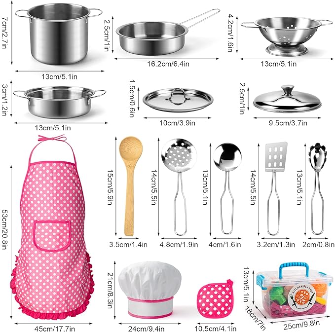 Tigerhu 26PCS Play Kitchen Accessories, Kitchen Pretend Play Cooking Toys w/ Stainless Steel Cookware, Apron & Chef Hat,Pots and Pans Set, Cutting Foods, Great Learning Gifts for Toddler & Boys Girls