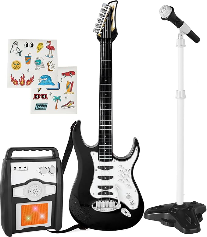 Best Choice Products Kids Electric Musical Guitar Play Set, Toy Guitar Starter Kit Bundle w/ 6 Demo Songs, Whammy Bar, Microphone, Amp, AUX, 2 Sticker Sheets - Black