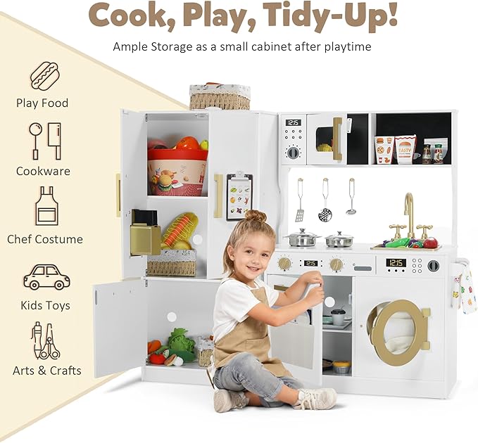 Play Kitchen Sets for Kids, Pretend Wooden Kids Kitchen Playset, Interactive Toy Kitchen with Freezer, Washing Machine, Ice Maker & Large Storage Space, for Boys Girls Ages 3+, White