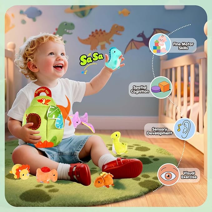 FREYBLI Baby Toys 6-12 Months - Soft Dinosaur Toy with Rattle, Crinkle Paper, Squeaker, Mirror - Baby Sensory Montessori Toys for 6 Month Old Developmental, 1 Year Old Boy Girl Gifts Toys