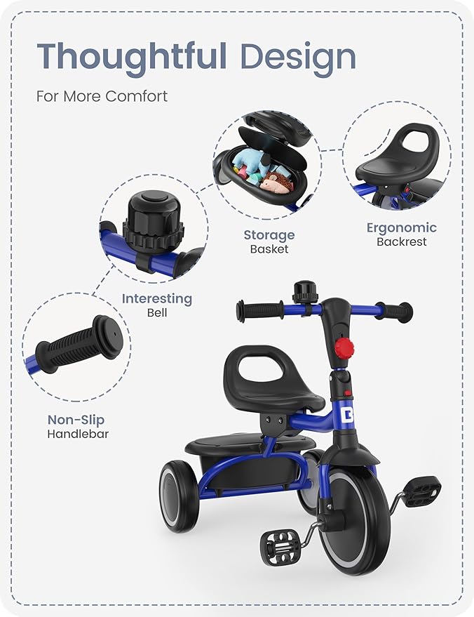 besrey Toddler Tricycle with Bell, Kids Tricycle Age 18 Months to 5 Years, Kids Trike, Toddler Bike for 1.5-5 Year Olds, Baby Trike, Gifts & Toys for Boys & Girls, Blue