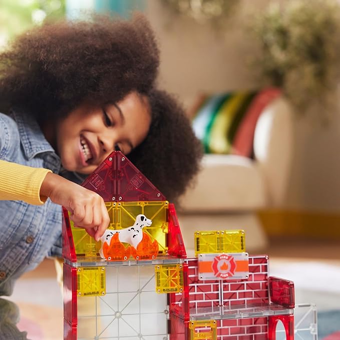 MAGNA-TILES Fire Station 50-Piece Magnetic Construction Set, The Original Magnetic Building Brand