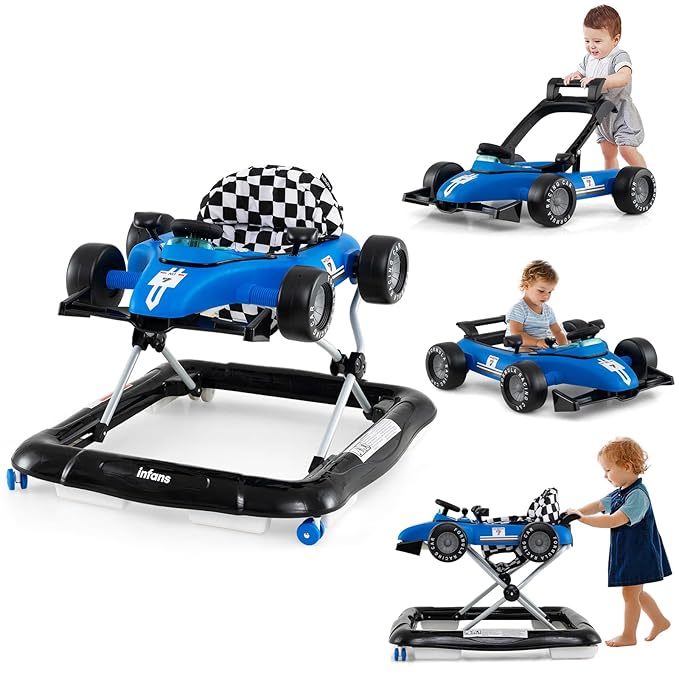 INFANS 4 in 1 Baby Walker, Foldable Toddler Activity Center with Adjustable Height, Padded Seat, Music, Light, Removable Tray, Push Walker for Girls Boys Aged 6-18 Months (Blue)