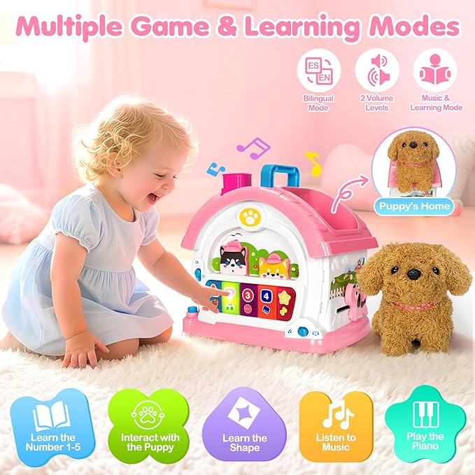 Montessori Toys for 1 2 3 Year Old Girl Gifts, Baby Musical Toys 12 18+ Months, 10 in 1 Bilingual Learning Toy with Sound Light, Cute Toy with Plush Puppy, First Birthday for Toddlers