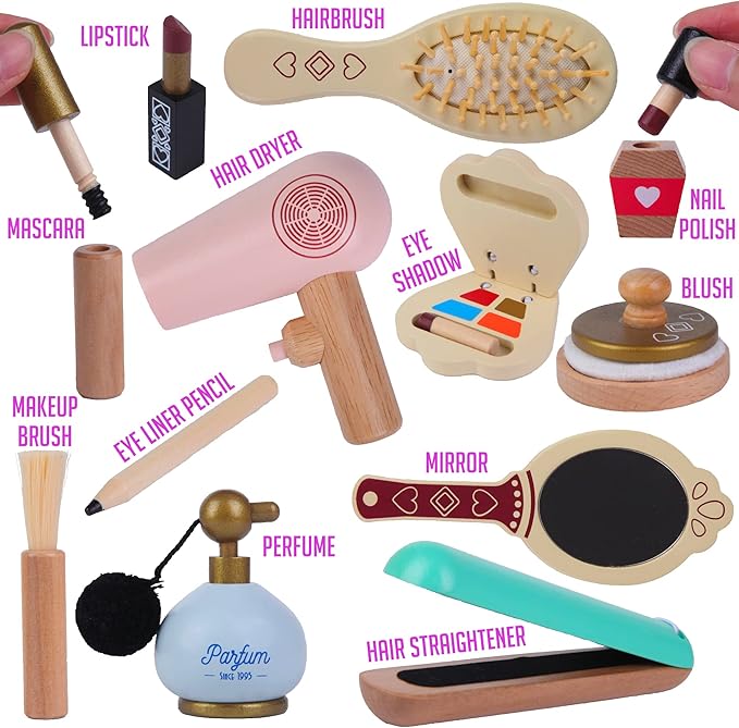 Montessori Mama Makeup and Salon Set - Wooden Pretend Play Beauty Play Makeup Kit with Styling Tools and Cosmetics - Pretend Makeup for Toddlers for 4 Year Old Girl