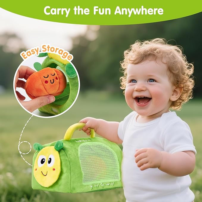 hahaland Montessori Toys for 1 Year Old - Color Sorting Fruits & Veggies Sensory Baby Toys 6-12 Months, 17 PCS Plush Play Food with Caterpillar Storage Bag, Baby Stocking Stuffers First Learning Gifts