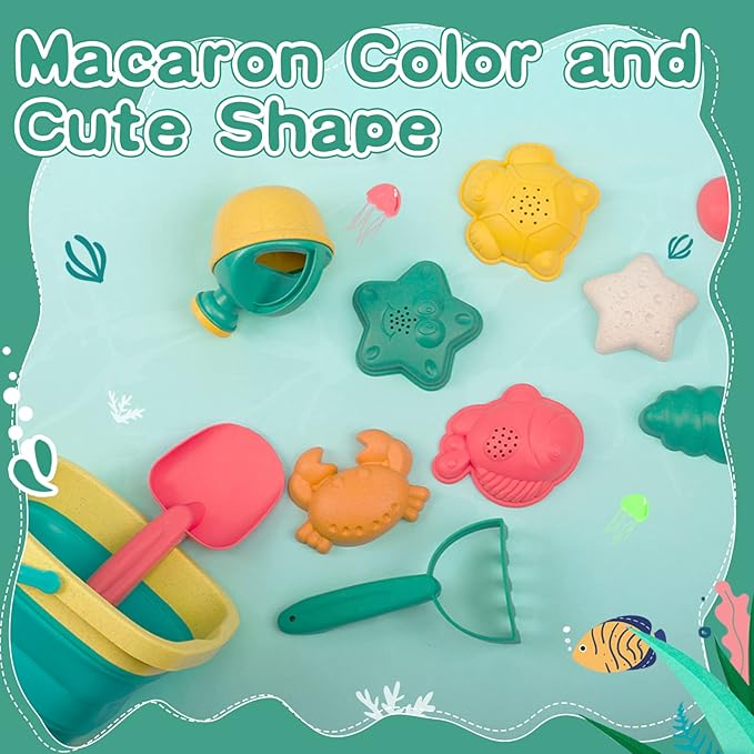 Beach Toys for Kids - Sand Toys Set Includes Collapsible Sand Bucket Shovel and Sand Rake Toy for Beach 12 PCS, Sandbox Toys Sandcastle Building Kit (A)