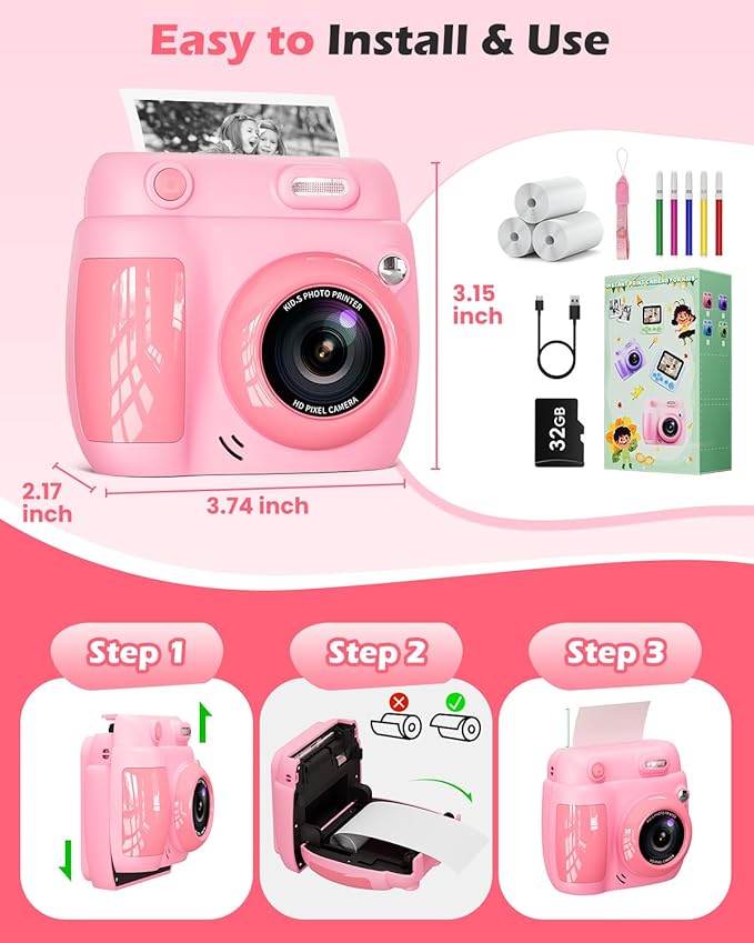 Kids Camera Instant Print - Christmas Birthday Gifts for Girls Boys Age 3-12, 1080P Video Digital Camera with 3 Rolls Printing Paper, Toddler Travel Toy Camera for 4 5 6 7 8 9 10 11 Year Old - Pink