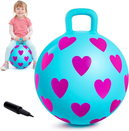 EVERICH TOY Hopper Ball for Kids 3-6, 15In Hippity Hop Ball, Sit On Blue Bouncy Balls with Handle, Indoor Outdoor Pink Heart Inflatable Christmas Hopping Toys for Girls Boys