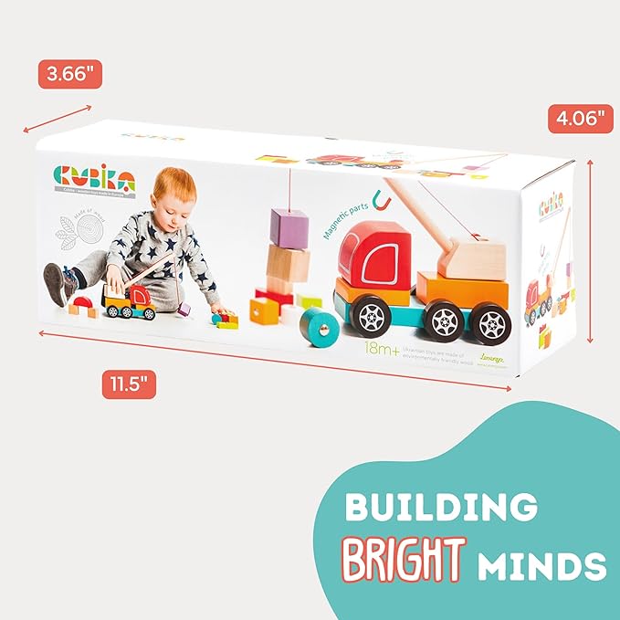 CUBIKA Wooden Crane Truck – Magnetic Construction Vehicle Playset for Toddlers Ages 18 Months+ – Montessori Toy for Fine Motor Skills, Creativity, and Imaginative Play