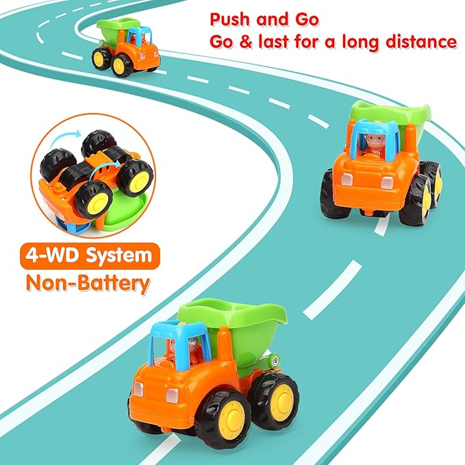 TINOTEEN Baby Toy Cars for 1 2 3 Year Old, 4 Pack Toddler Friction Powered Cars Push and Go Car Toys Baby Construction Vehicles
