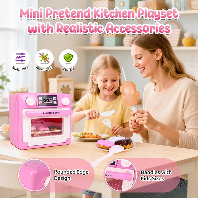 Play Kitchen for Toddlers Toy Oven, Pink Easy Bake Oven for Girls, Kids Kitchen Playset with Color-Changing Foods, Kids Microwave Toys Pretend Toddler Cooking Gifts for Girls Boys