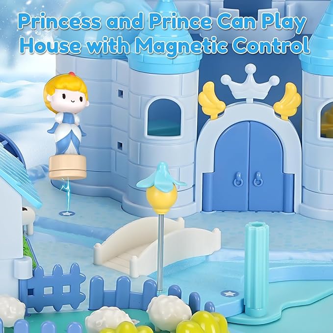 Dream Princess Play Set, 12.2*8.6*8.8 inches with 2 Magnetic Control Movable Toys, Magnetic Doll House Building Toys with Light Music, Toy Gift for Girls Kids Ages 6+（Blue）