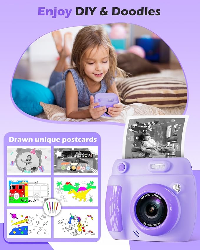 Kids Camera Instant Print - Christmas Birthday Gifts for Girls Boys Age 3-12, 1080P Video Digital Camera with 3 Rolls Printing Paper, Toddler Travel Toy Camera for 4 5 6 7 8 9 10 11 Year Old - Purple