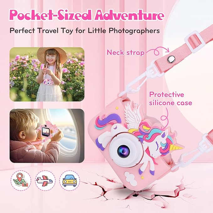 Kids Camera Unicorn Girl Toys, Digital Camera for Kids Age 3-8 Toddler Travel Toys, Birthday Gift for Girls 3 4 5 6 7 8 Year Old Christmas, HD 1080P Video Camera, 32G SD Card Included (Pink)