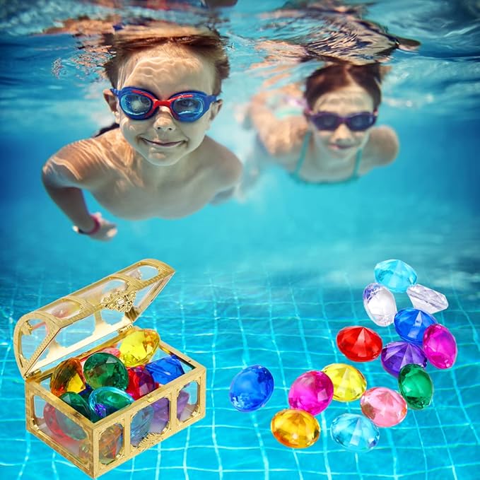 Diving gem Pool Toys Sand Toys,14 Color Diamond Treasure Chest Summer Swimming gems Pirate Diving Toy Set Underwater Swimming toyChildren's Game Gifts for Boys and Girls(Golden)