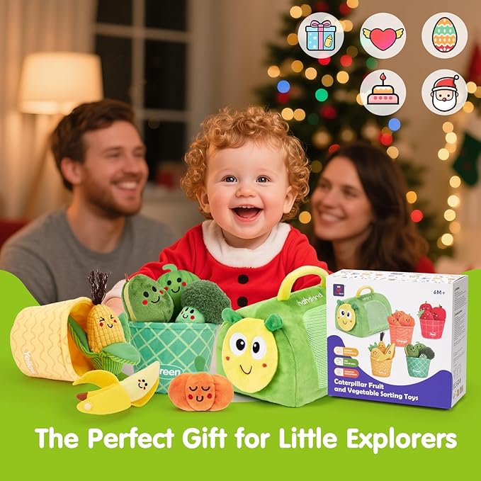 hahaland Montessori Toys for 1 Year Old - Color Sorting Fruits & Veggies Sensory Baby Toys 6-12 Months, 17 PCS Plush Play Food with Caterpillar Storage Bag, Baby Stocking Stuffers First Learning Gifts