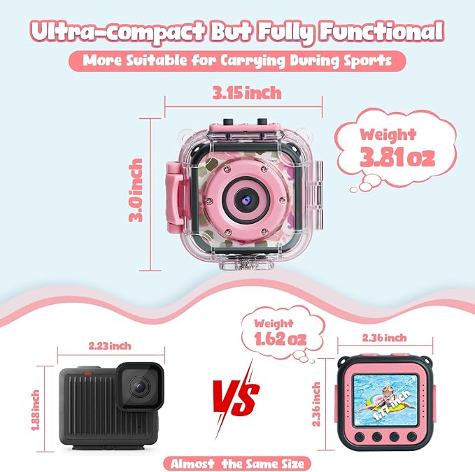 PROGRACE Kids Waterproof Camera - Birthday for 3-12 Year Old Girls 1080P HD Underwater Video Camera for Kids Pool Toys Toddler Digital Cameras with 32GB SD Card Pink