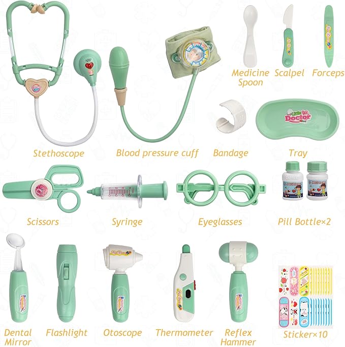 Liberry Doctor Kit for Toddlers 3 4 5 Years Old, 30-Piece Kid Doctor Toy with Stethoscope, Costume, Green Medical Pretend Play, Christmas Birthday Gift for Girls Boys